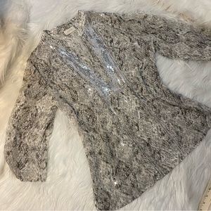 Chico's semi-sheer grey with silver sequins blouse M